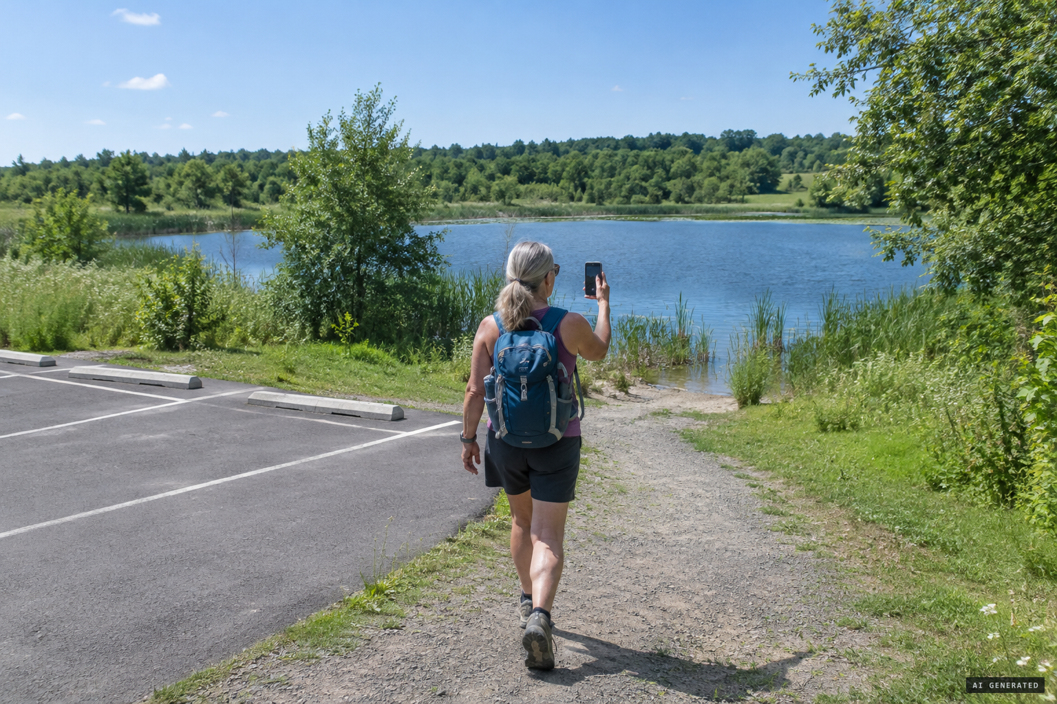 K.D. hikes alone down the path, filming the pond