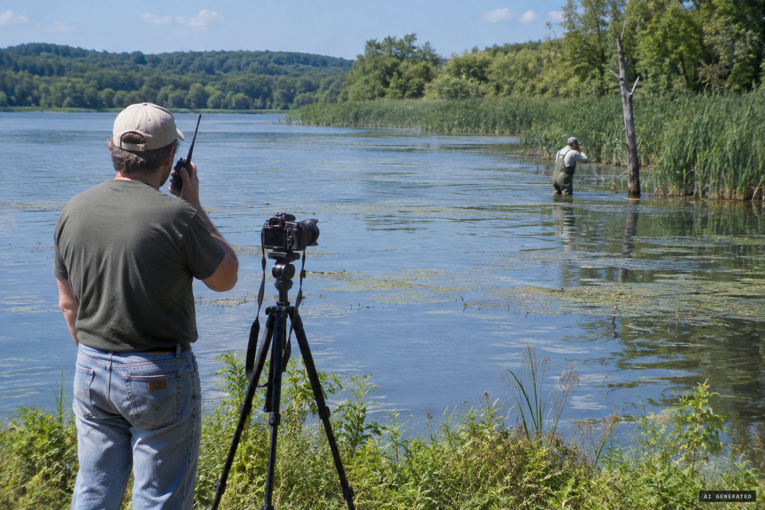 Investigator Ben C. recreates the figure's posture with a tripod and walkie-talkies