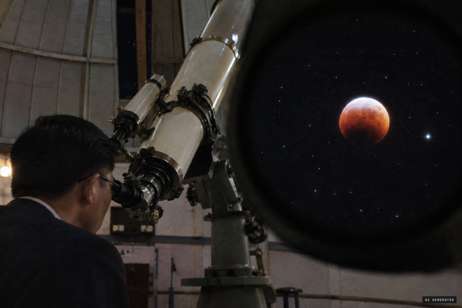Through the five-inch telescope: an orange-red glowing disc with a black underside and pale white top