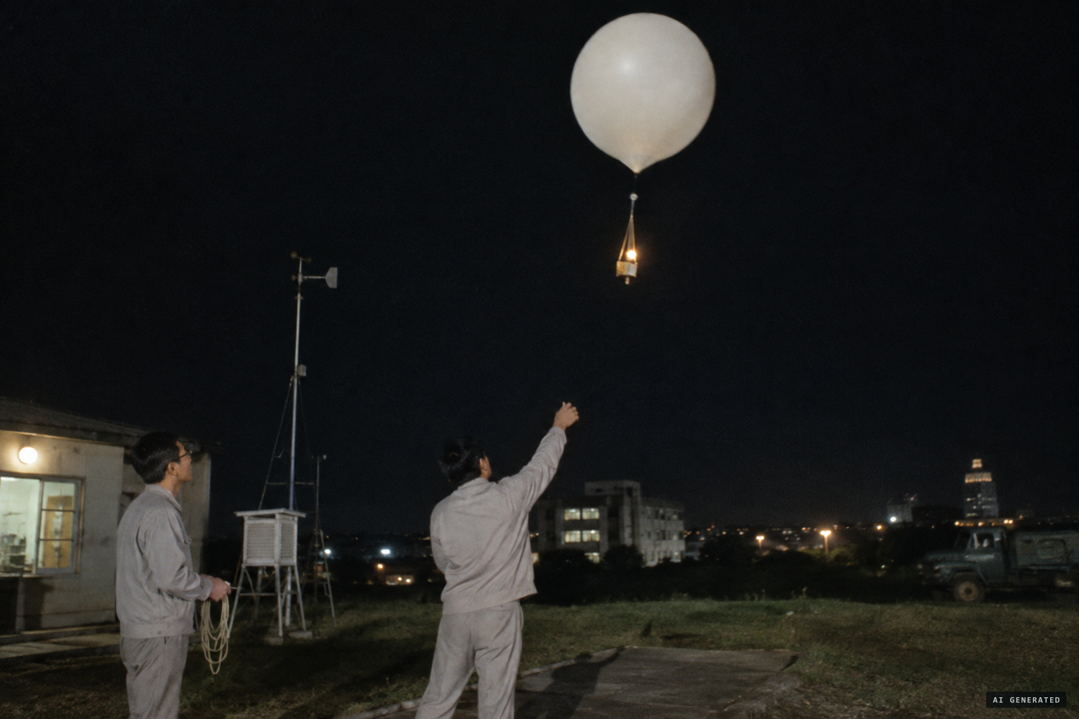 A wind-measuring balloon carrying a lantern is released at 8:24 pm