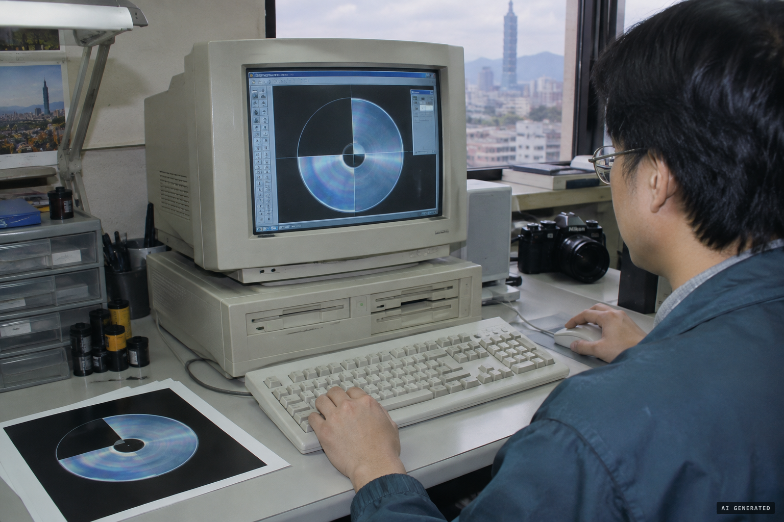 In 1996 the cut-off photo is cleaned and its missing quarter rebuilt by mirroring