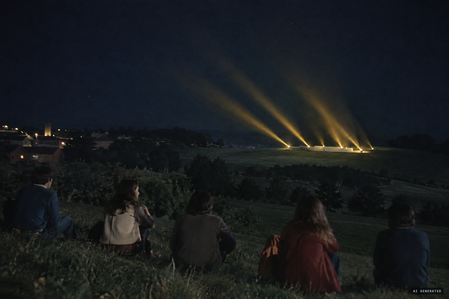 Five of the yellow lights sweep the ground with solid-looking beams