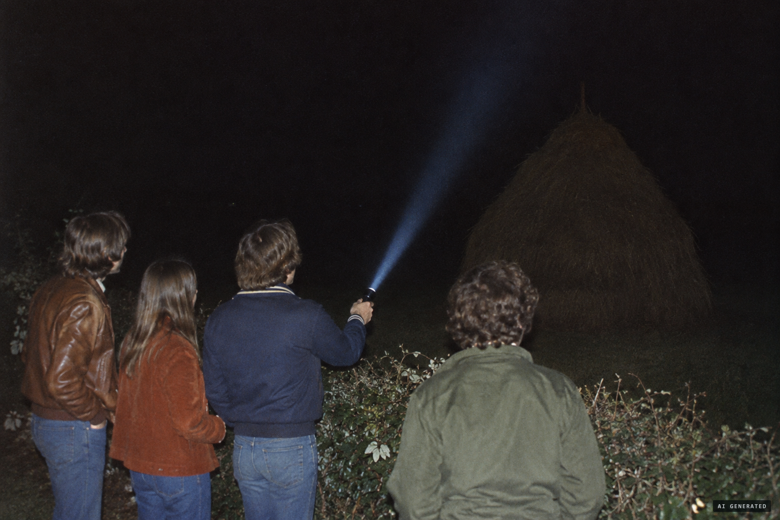Close up, a haystack-like shape behind a hedge; the flashlight beam rises and is lost