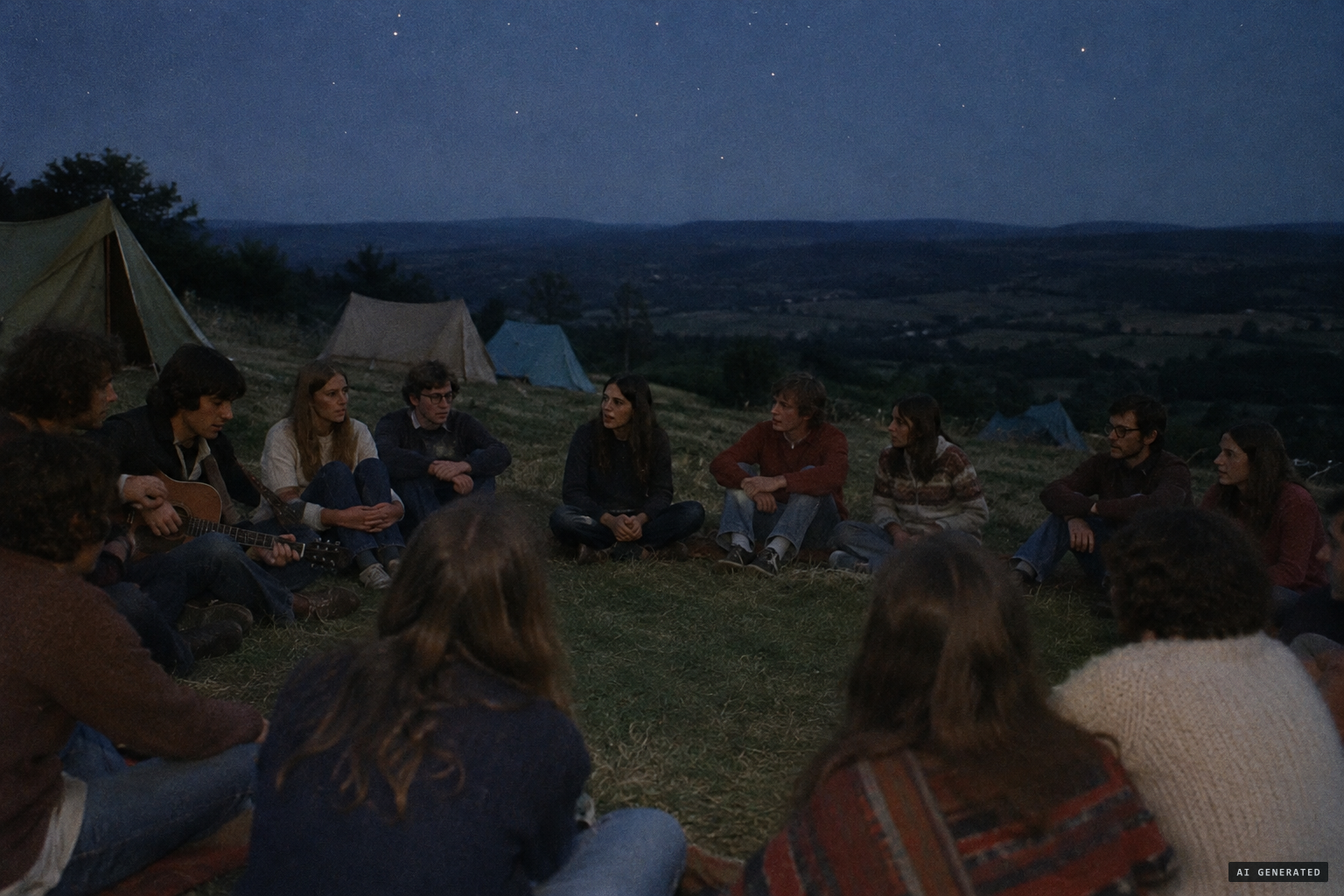 Young visitors gathered at night in the Cratère, the open-air theatre at Taizé