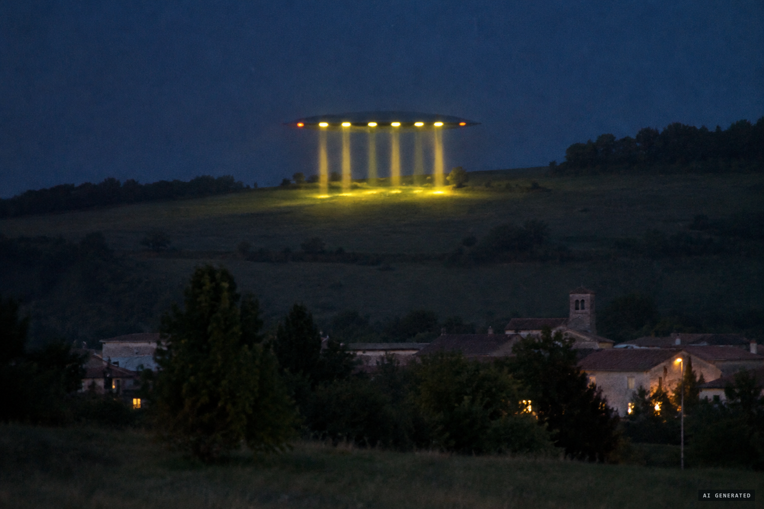 Seven yellow and two orange lights come on, their beams like lit-up pillars