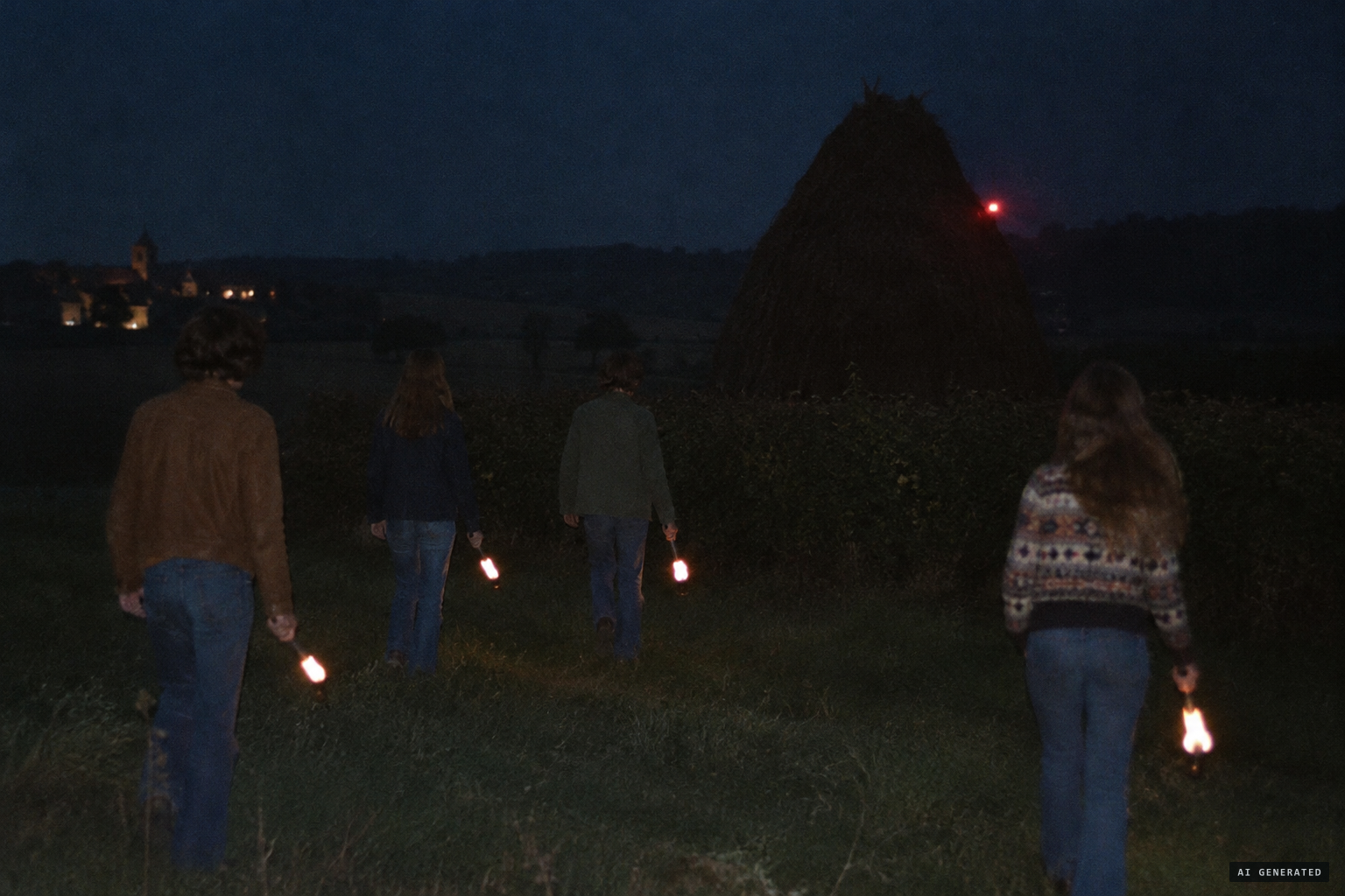 Four witnesses with torches find a dark, haystack-shaped mass in the field