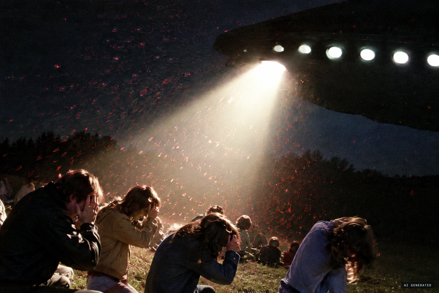 The object turns its beam on the witnesses as red particles rain down