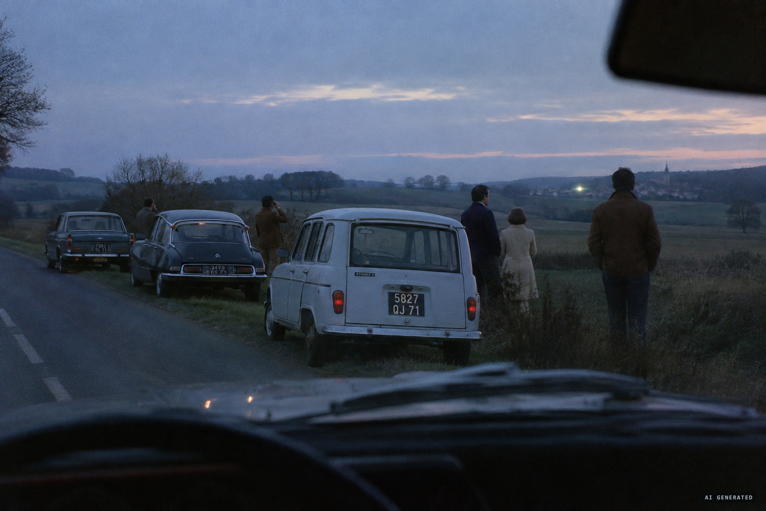 Motorists stopped near Jalogny watch an object in a field