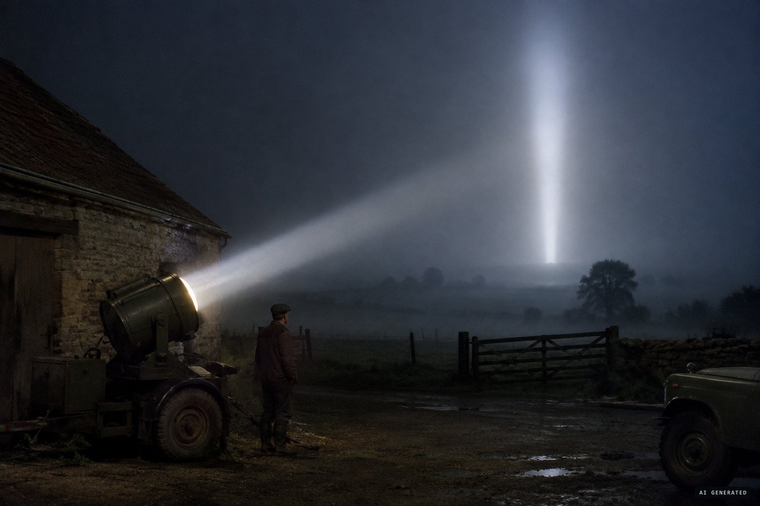 A WWII searchlight beam in fog can look like a solid pillar