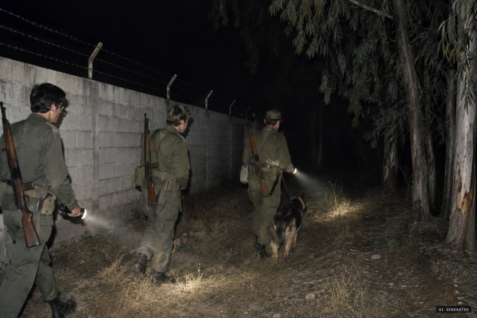 Three men and a guard dog check the perimeter wall