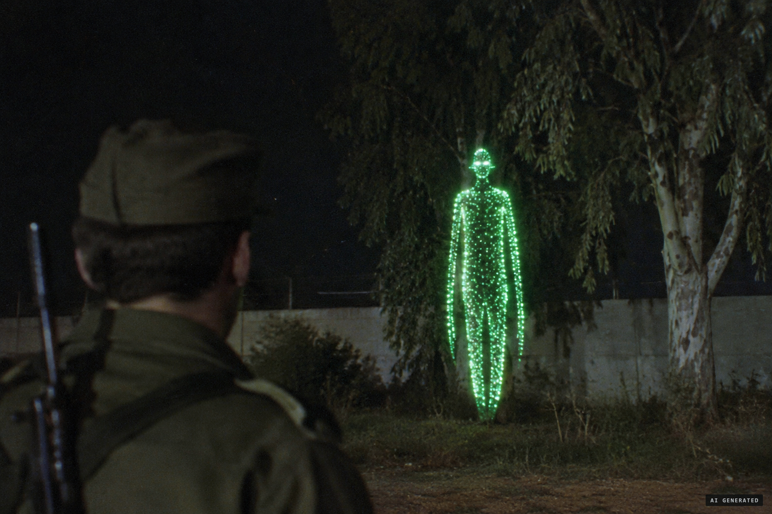 The green figure, about 3 m tall, stands by the wall