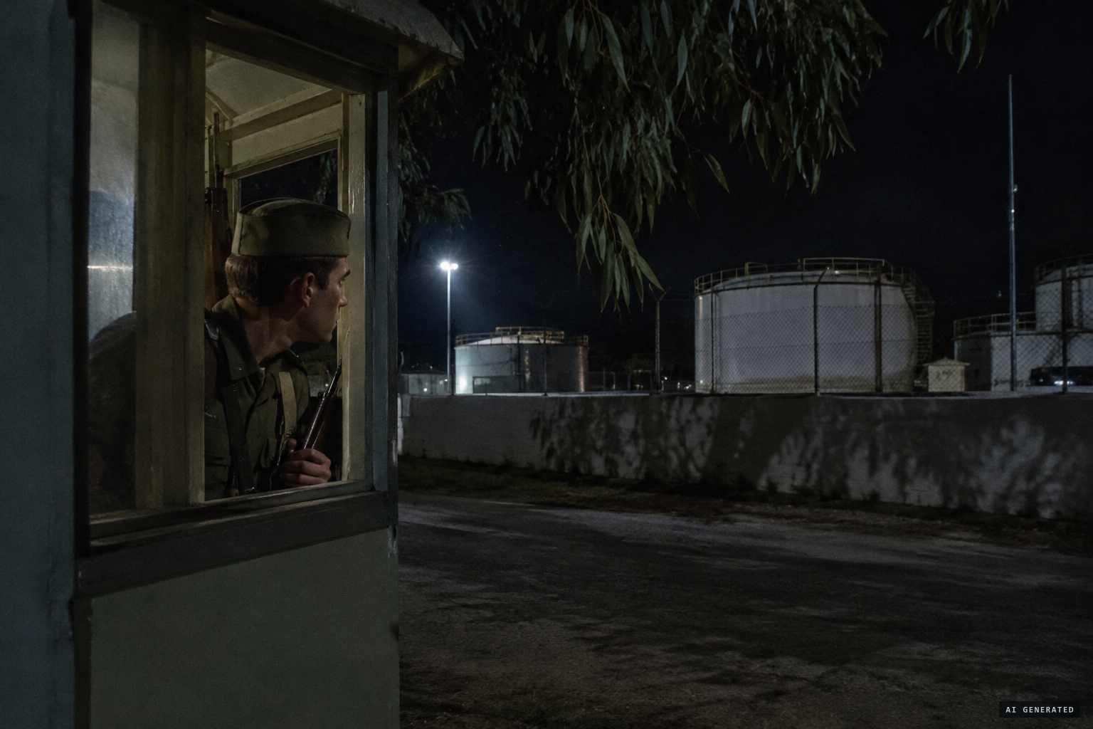 Tense young conscripts guarding a sensitive site in the dark