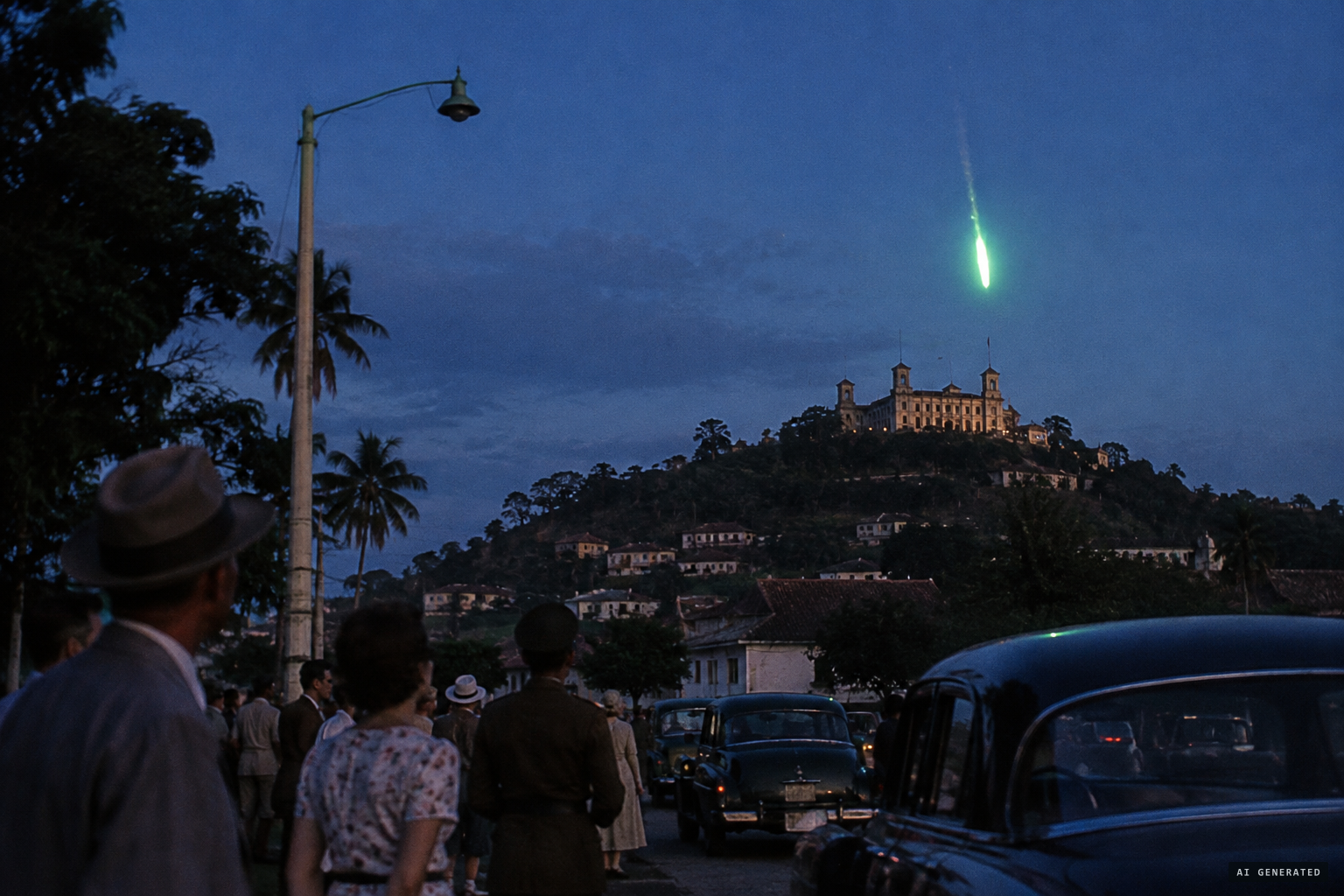 A brilliant electric green ball falls like a fireball near the Queen's Palace