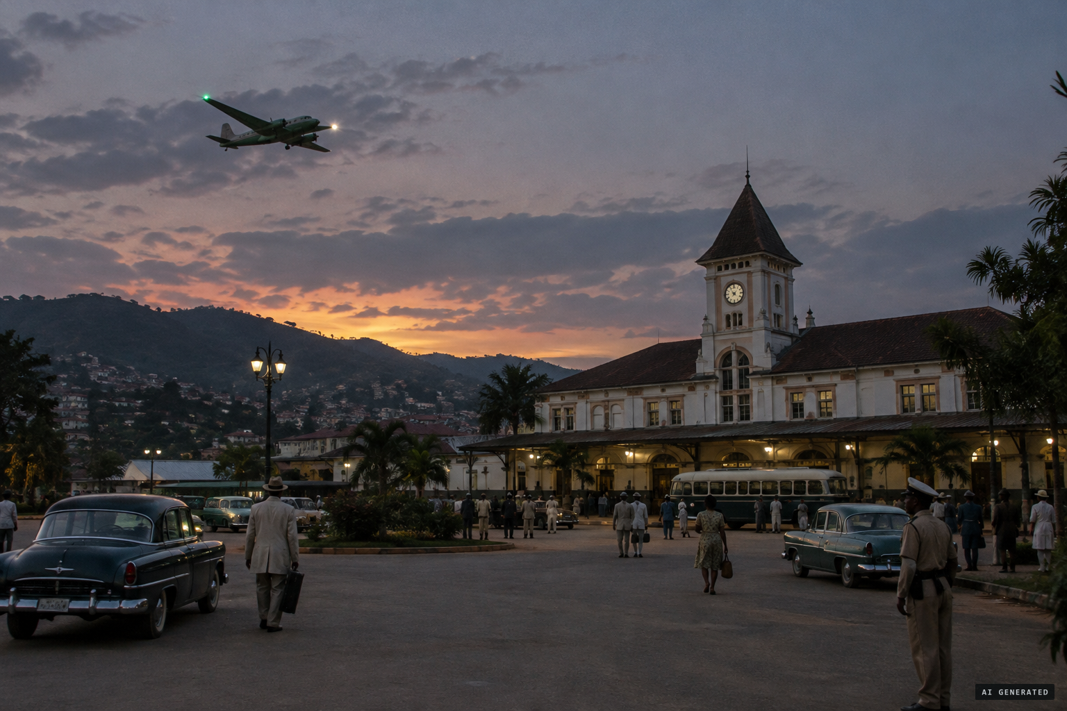 The craft passes the railway station and veers toward the north-west hills