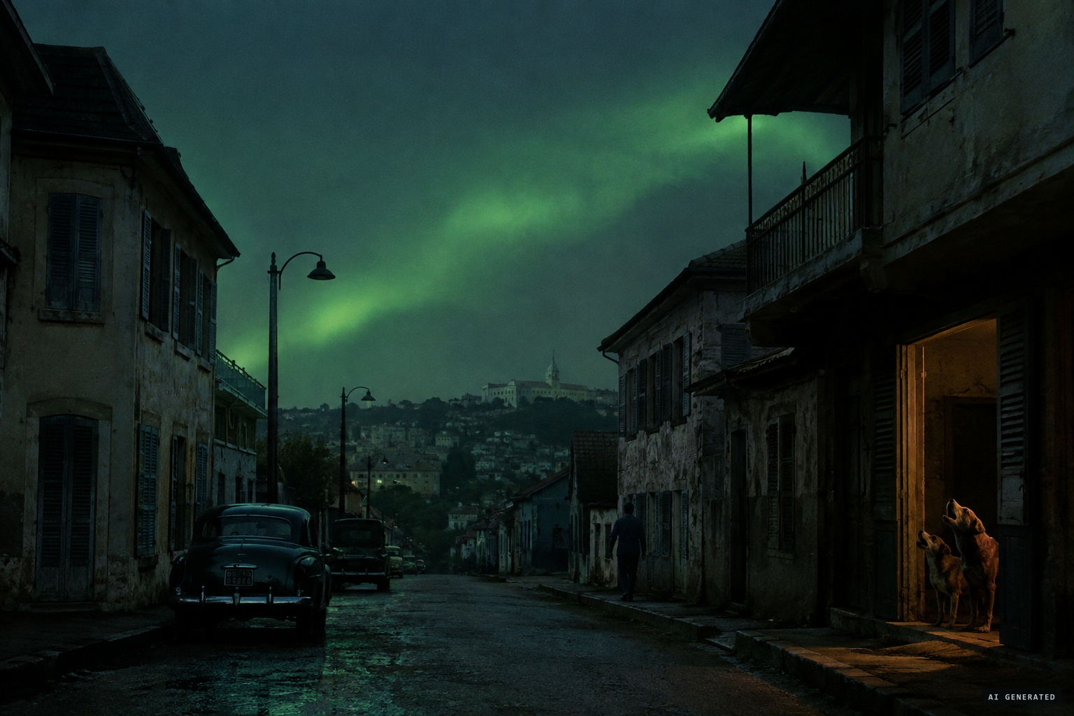 Lights go out as the object passes and dogs howl across the city