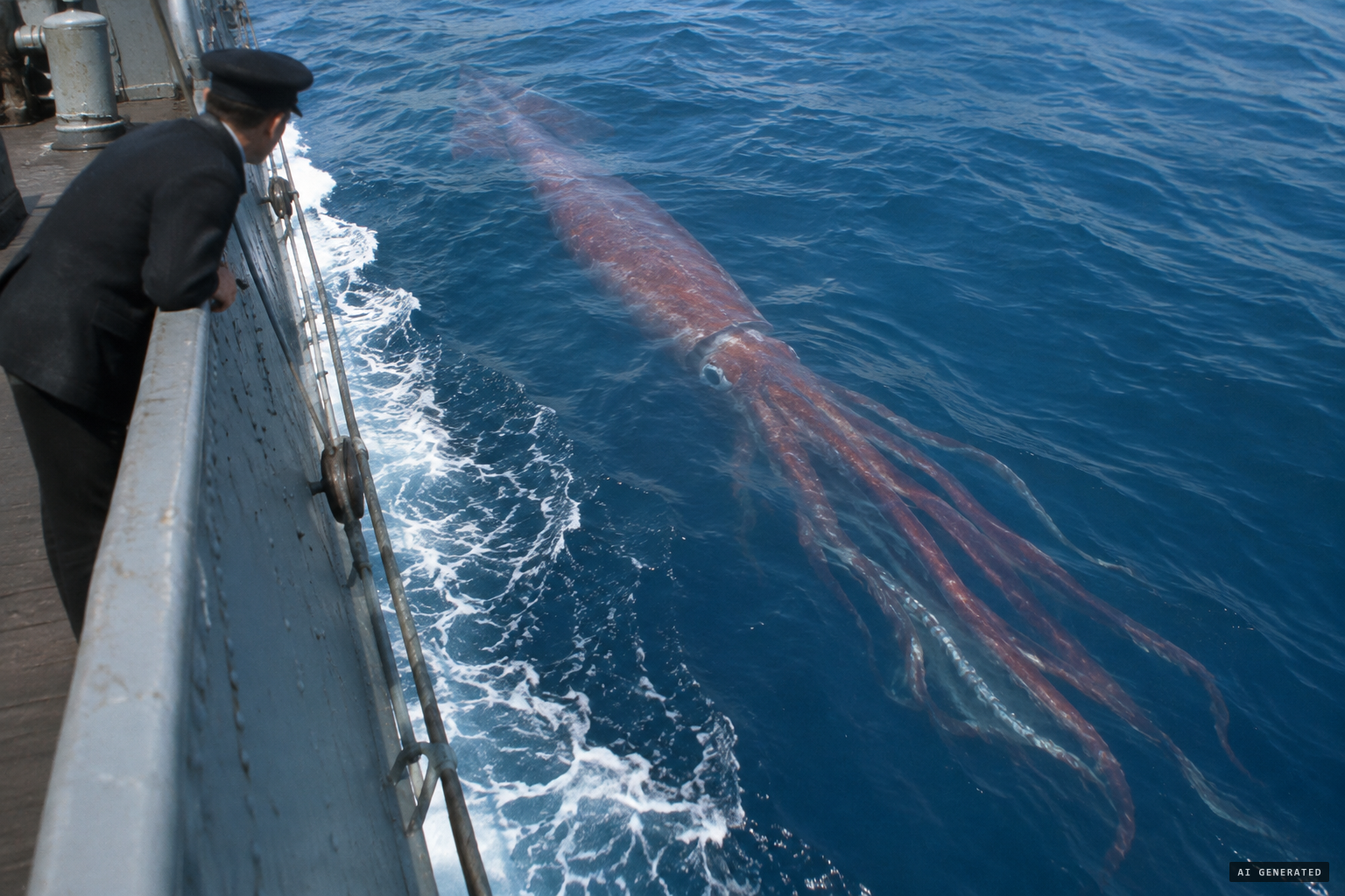 A giant squid swimming alongside the Brunswick, matching her pace