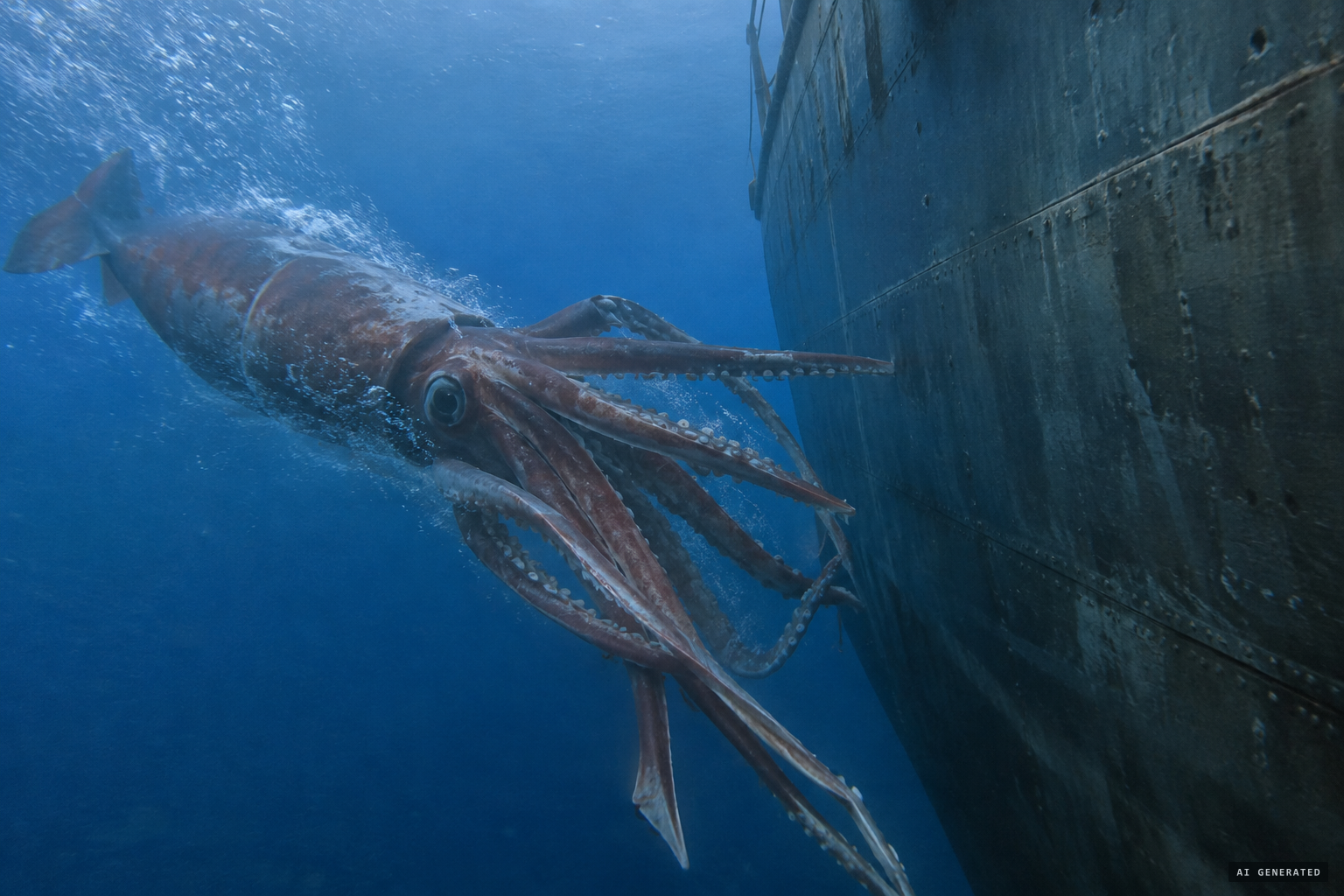 The squid turns and rams the hull below the waterline