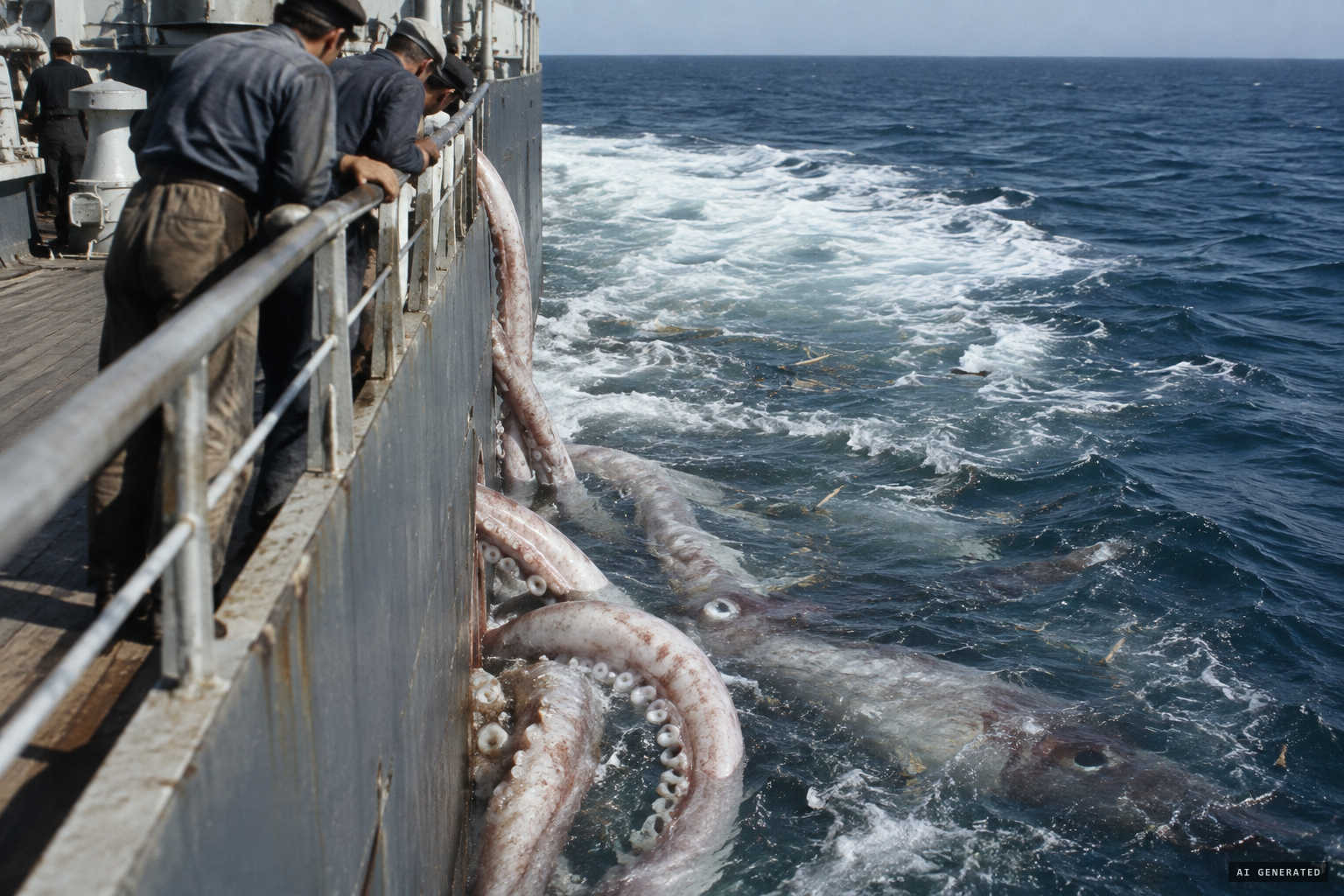 Later retellings: tentacles wrapped to the hull, the attack repeated three times