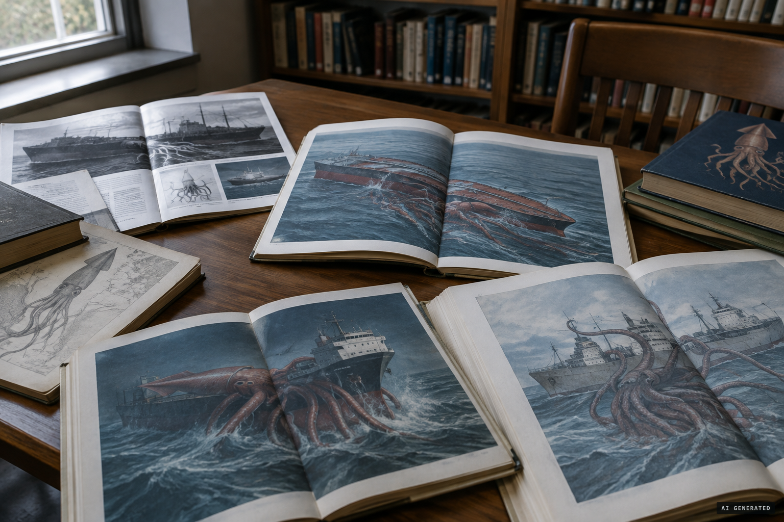 Over the decades, the ship and the squid change from version to version