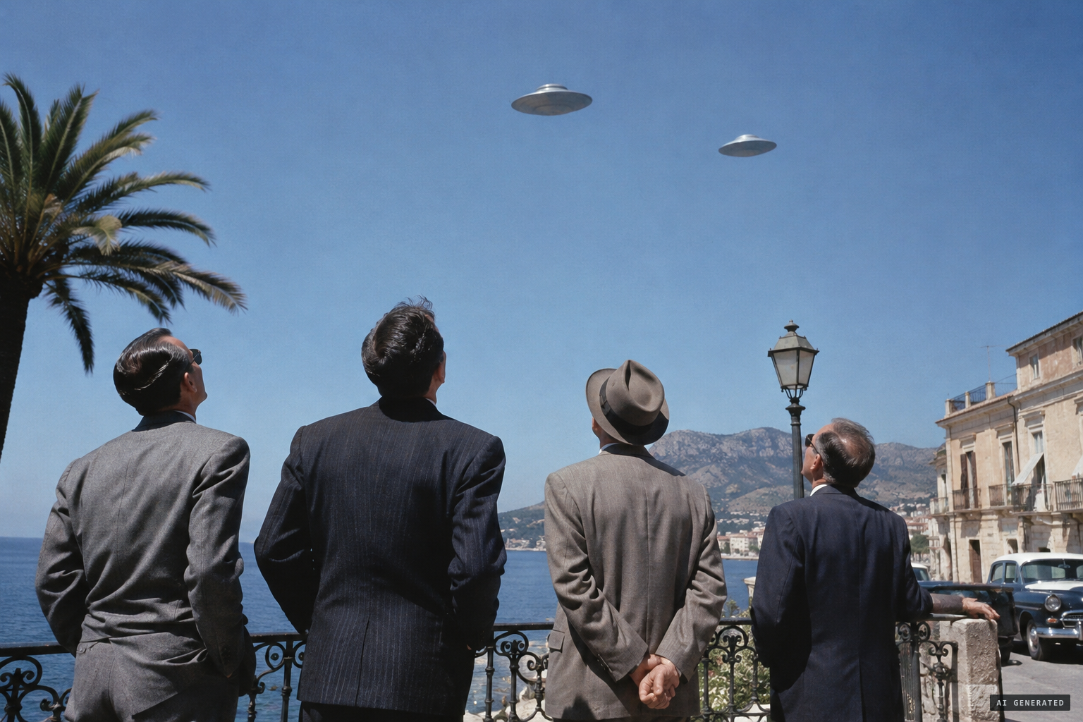 Four men at a railing, two discs hanging above them