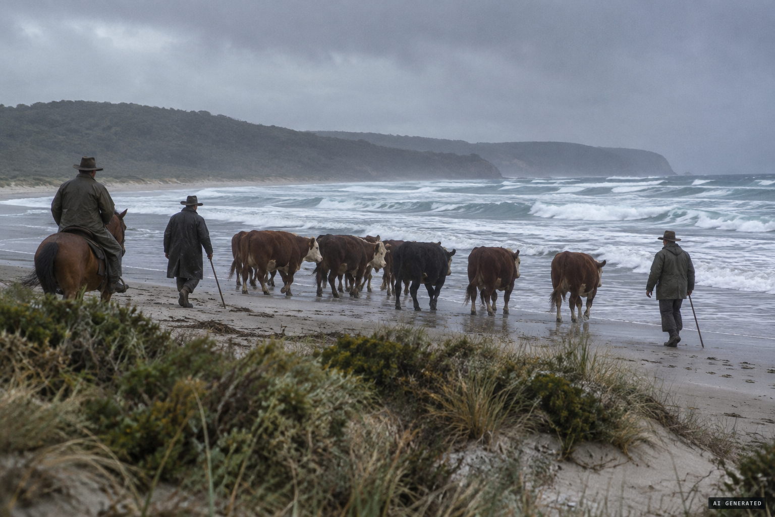 Stockmen moving cattle along Tasmania's remote west coast in winter