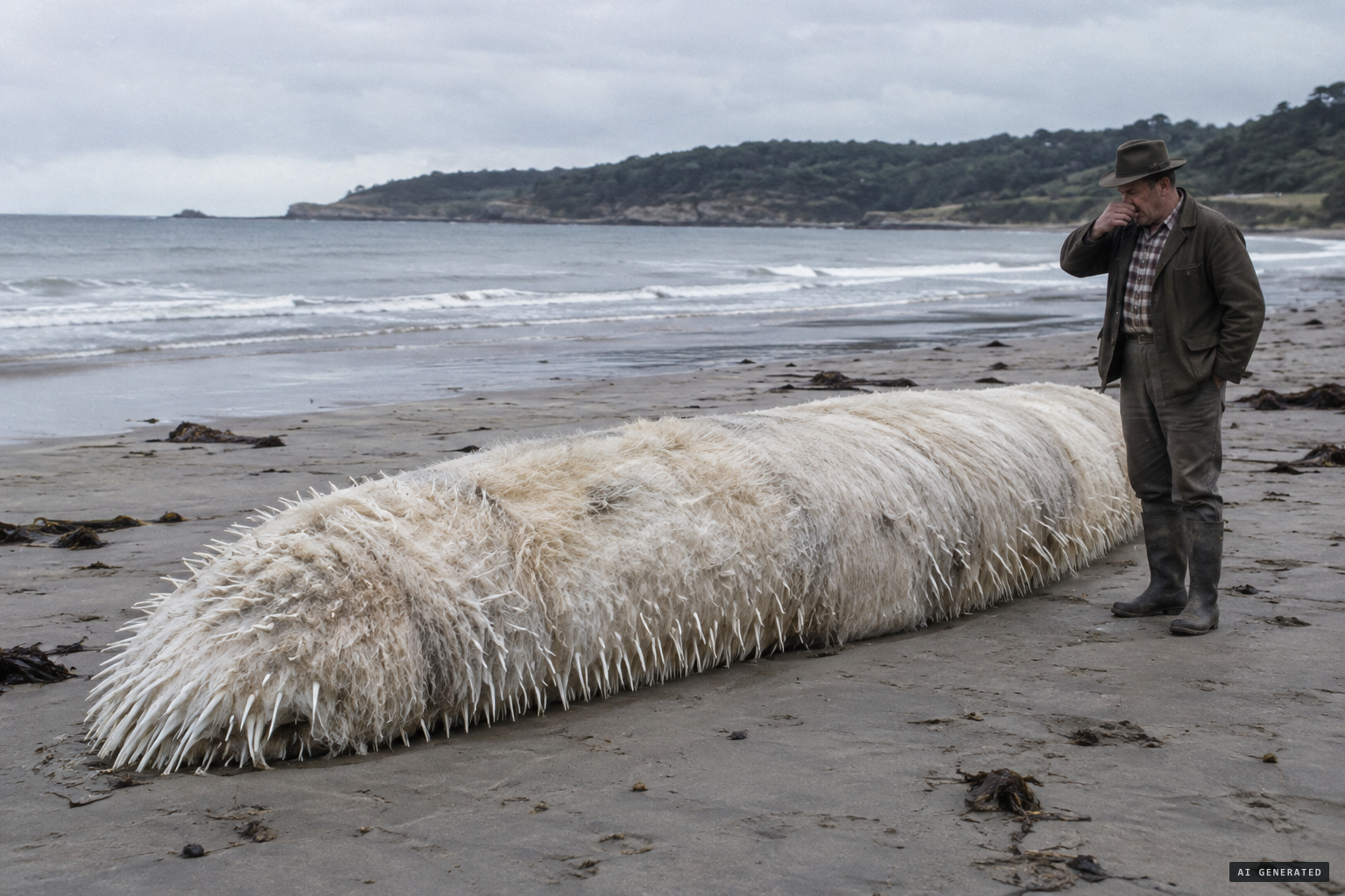 The enormous, headless, woolly ivory mass on the beach
