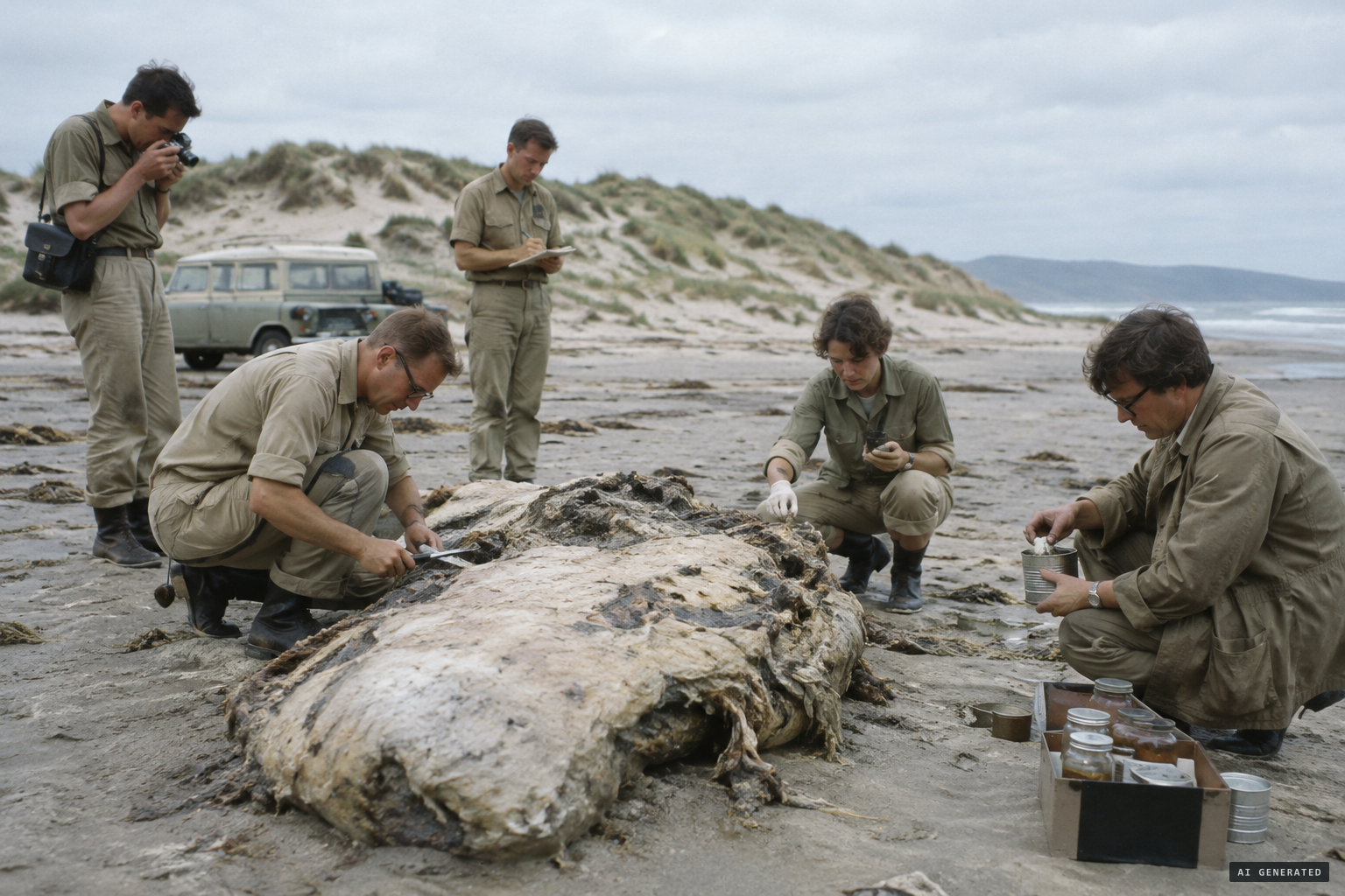 The CSIRO party photographs and samples the decomposing remains