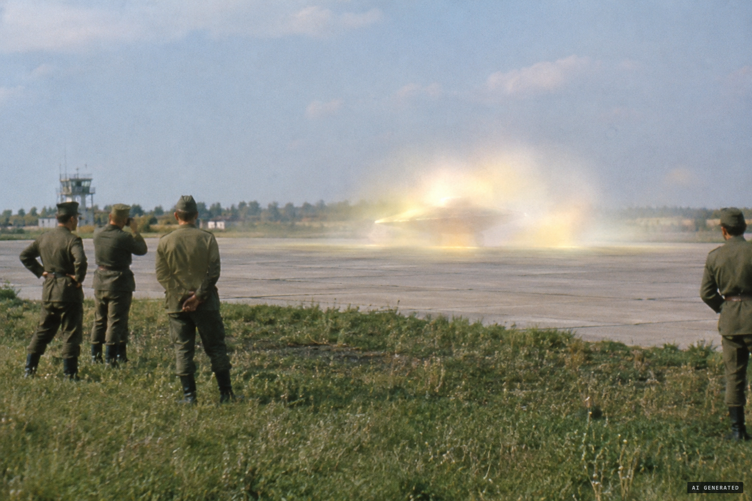 An object on the runway, enveloped in opalescent fog, partly shimmering gold