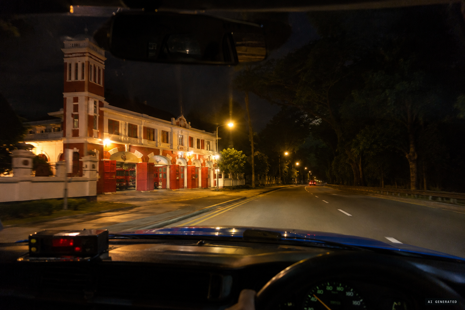The taxi passes the fire station on Upper Bukit Timah Road at night