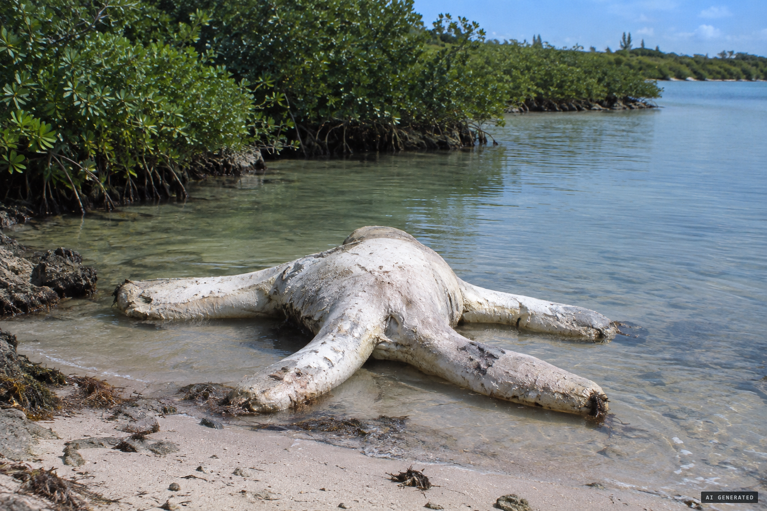 The carcass washed into Mangrove Bay, a white mass with five 'arms or legs'