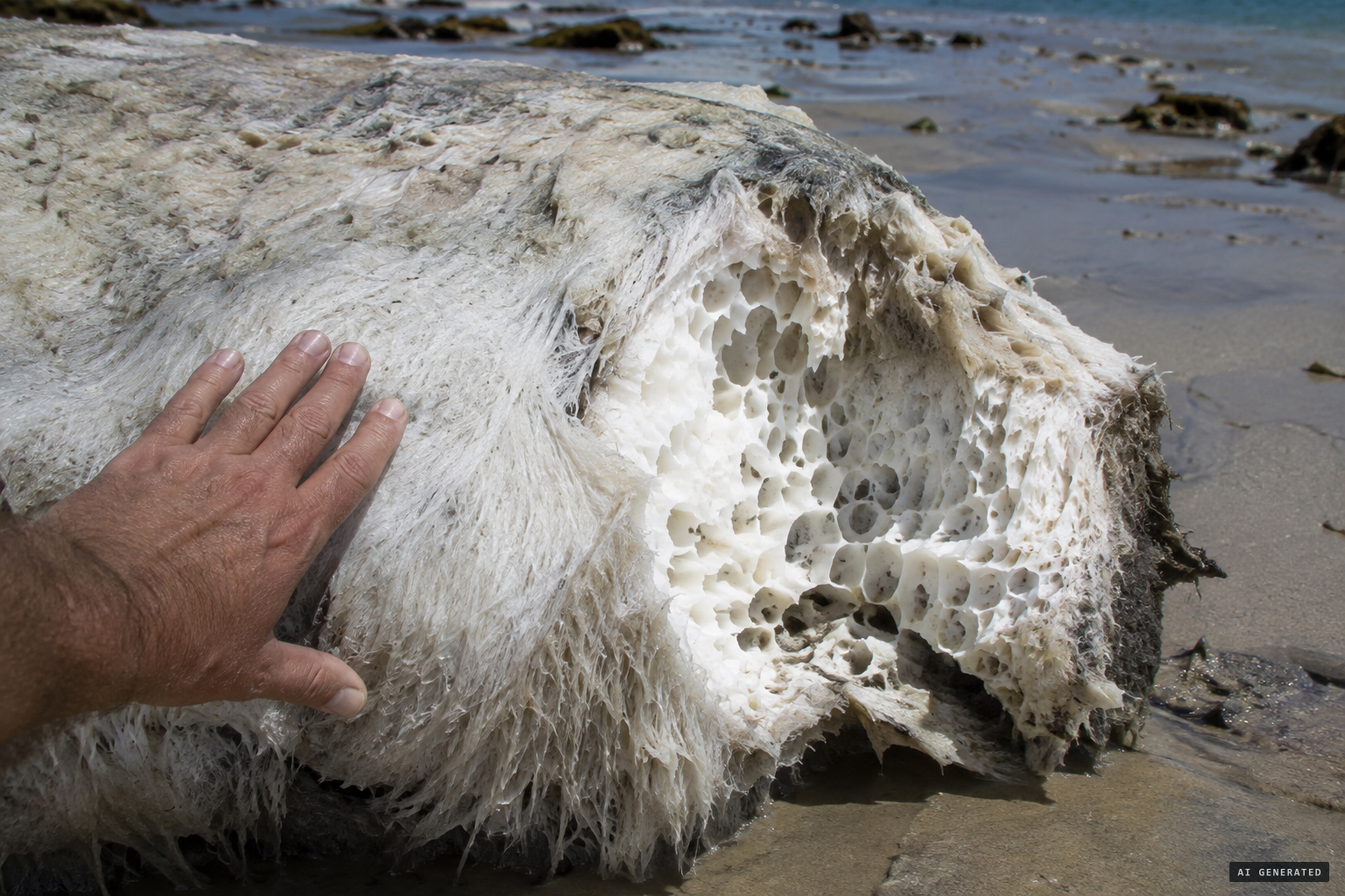 Fibrous like wet wool outside, white with irregular honeycomb cells inside