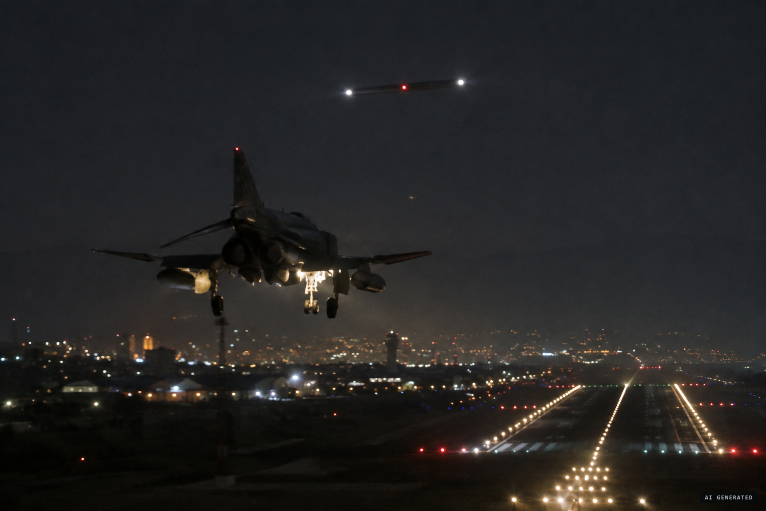 On final approach, a cylinder with lights at each end passes over the F-4