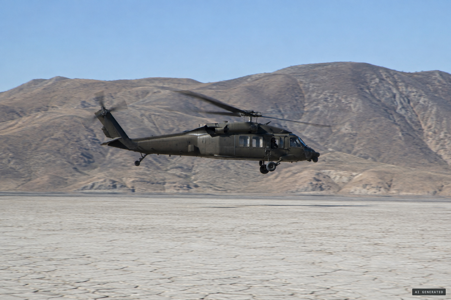 In daylight, a helicopter searches the dry lake bed and finds nothing