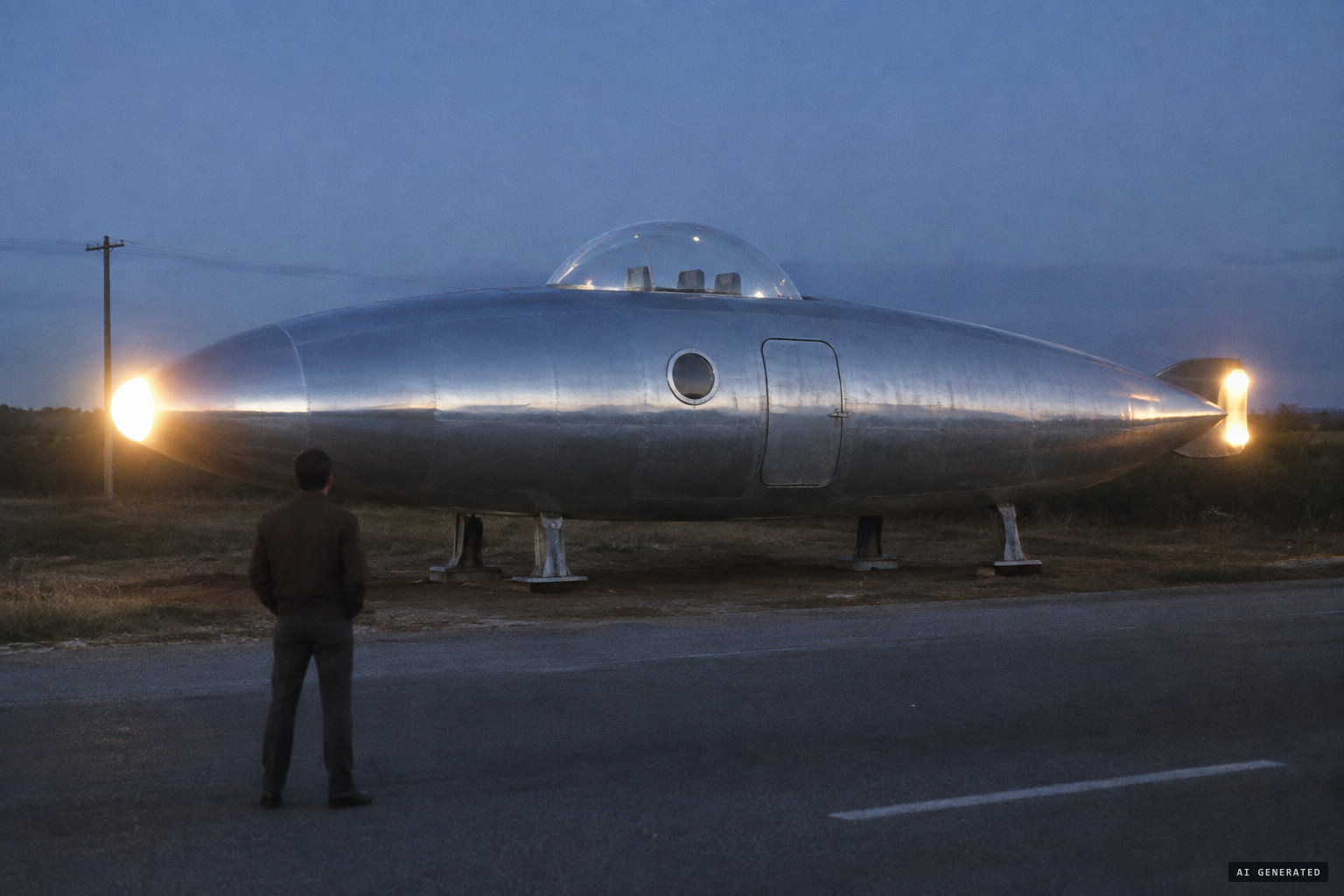 A wingless, fish-shaped silver craft with a bubble canopy, parked on the highway