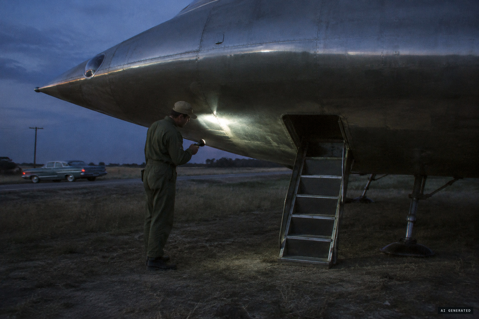 A human crewman in green fatigues checks the underside with a flashlight