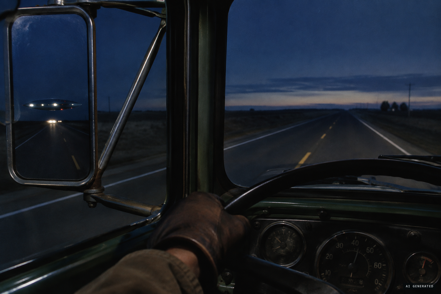 Trucker C. W. Anderson watches the object in his rearview mirror