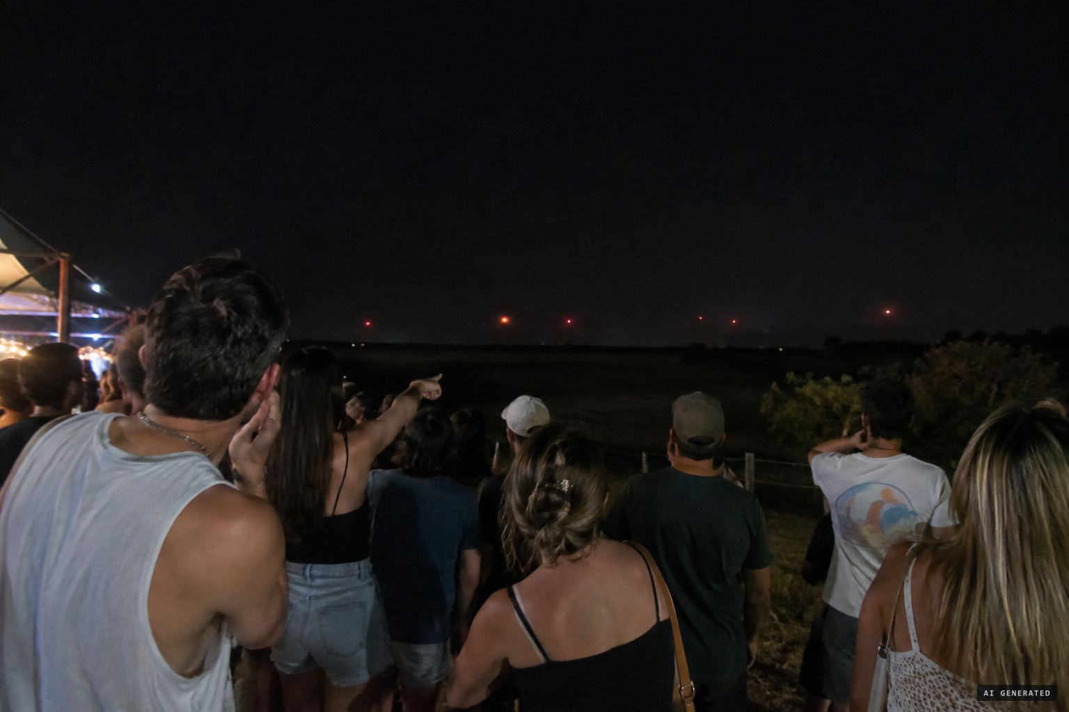 Toward 00:30, festival-goers notice several red lights low in the south