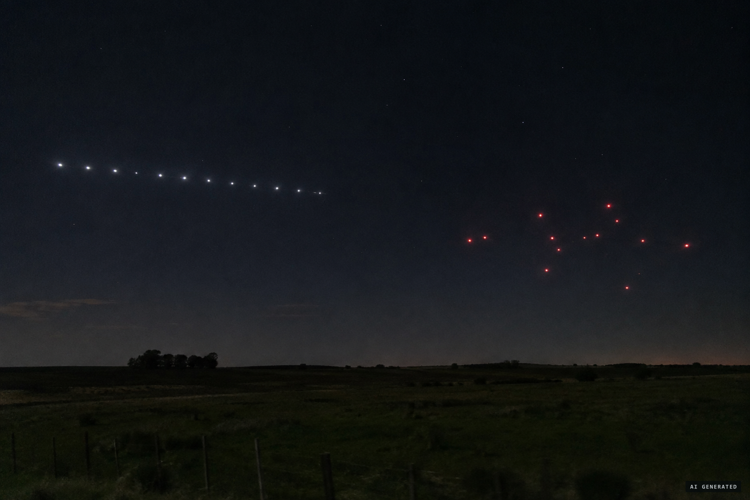 Steady white points in a line, versus the red blinking lights the crowd described