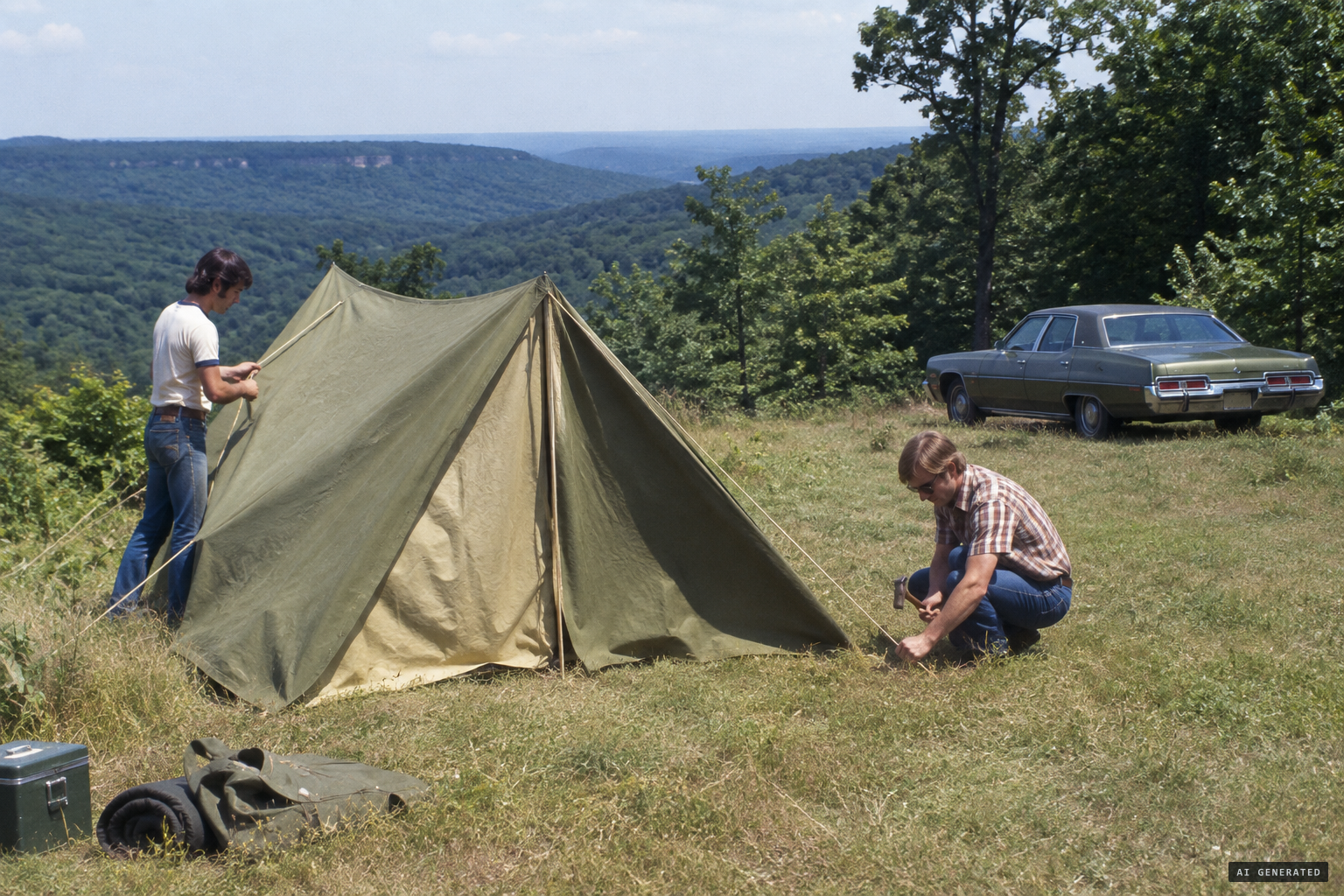 The two friends set up camp in a meadow clearing at Devil's Den