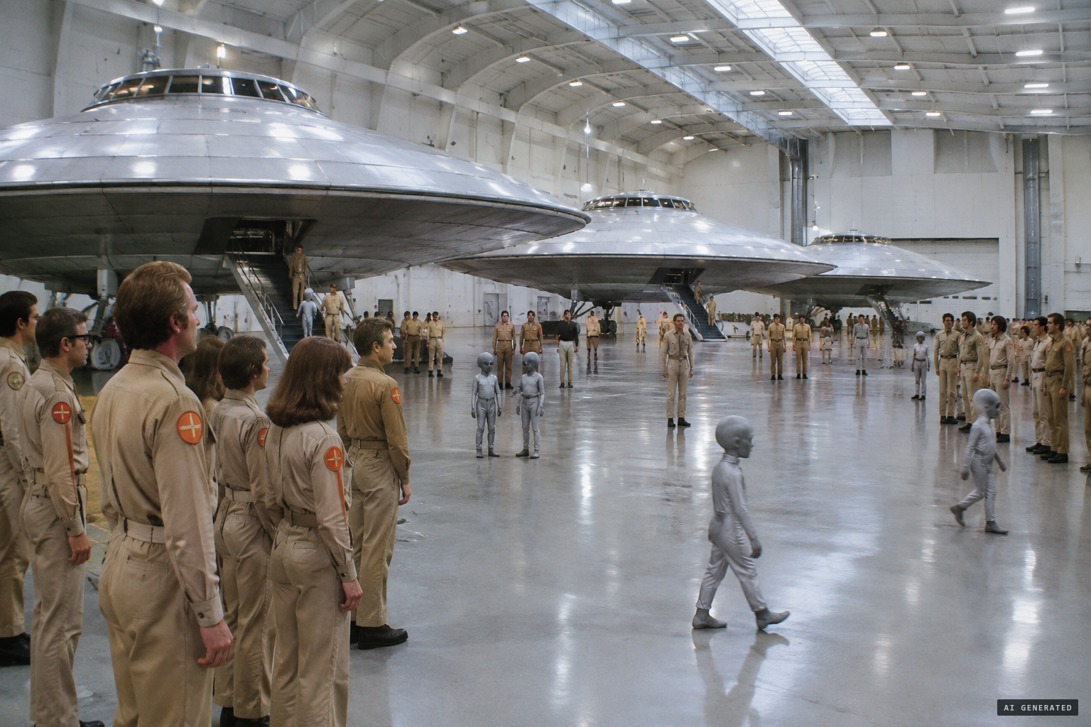 The vast white and steel interior Lovelace recalls, with saucers and uniformed humans