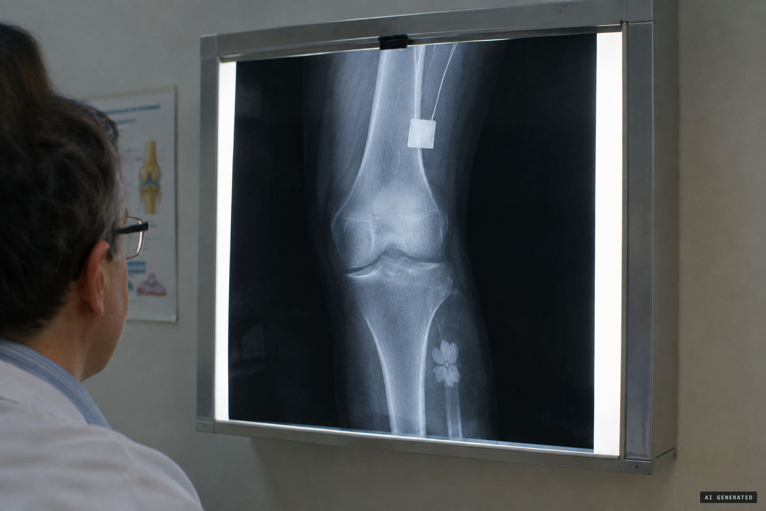 An X-ray shows a square metal object with wires above his right knee