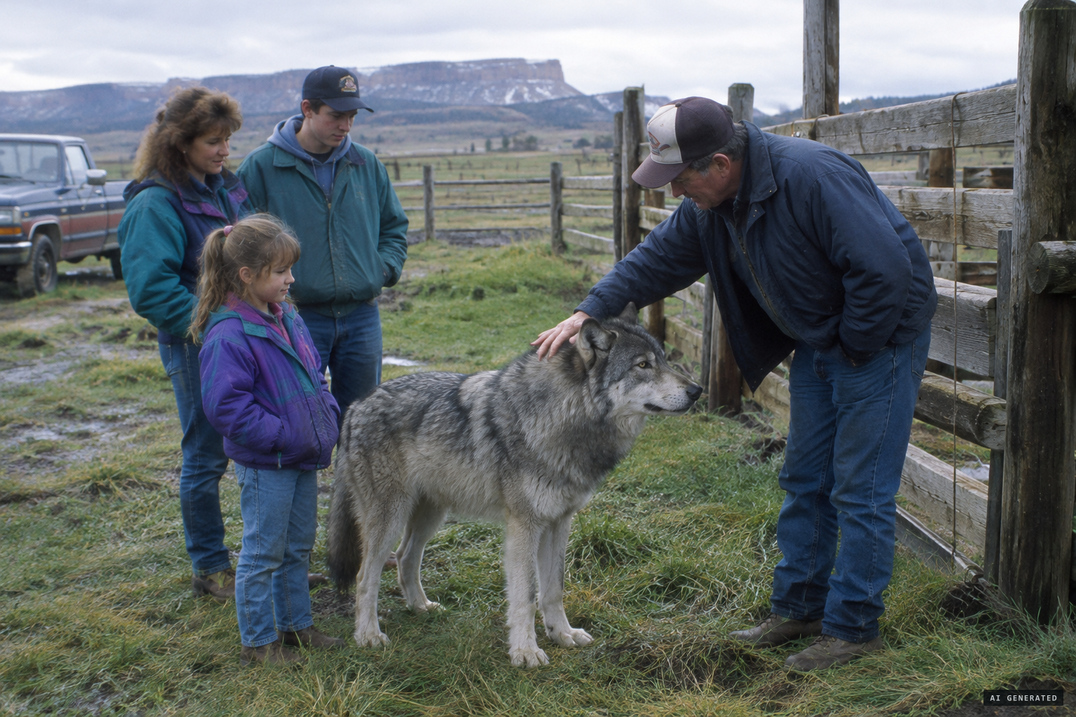 The wolf walks up calmly and lets Terry's father pet it