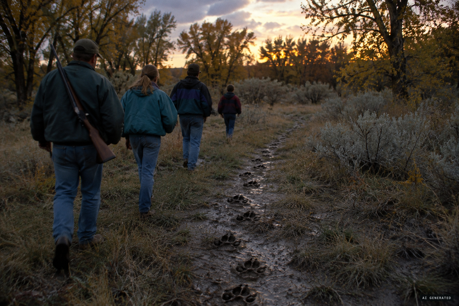 The family follows clear, bloodless tracks toward the creek