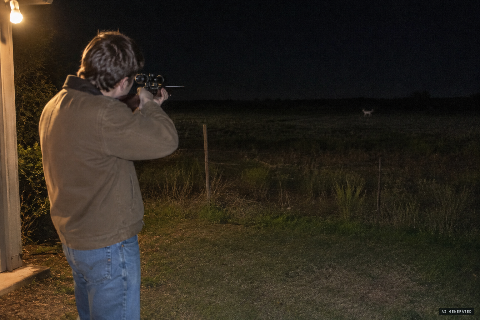 The grandson runs out and shoots the animal from about 240 yards