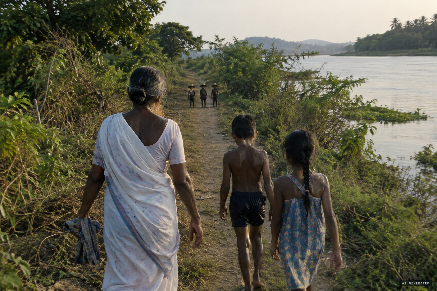 Two children and their grandmother meet three small figures on the river path
