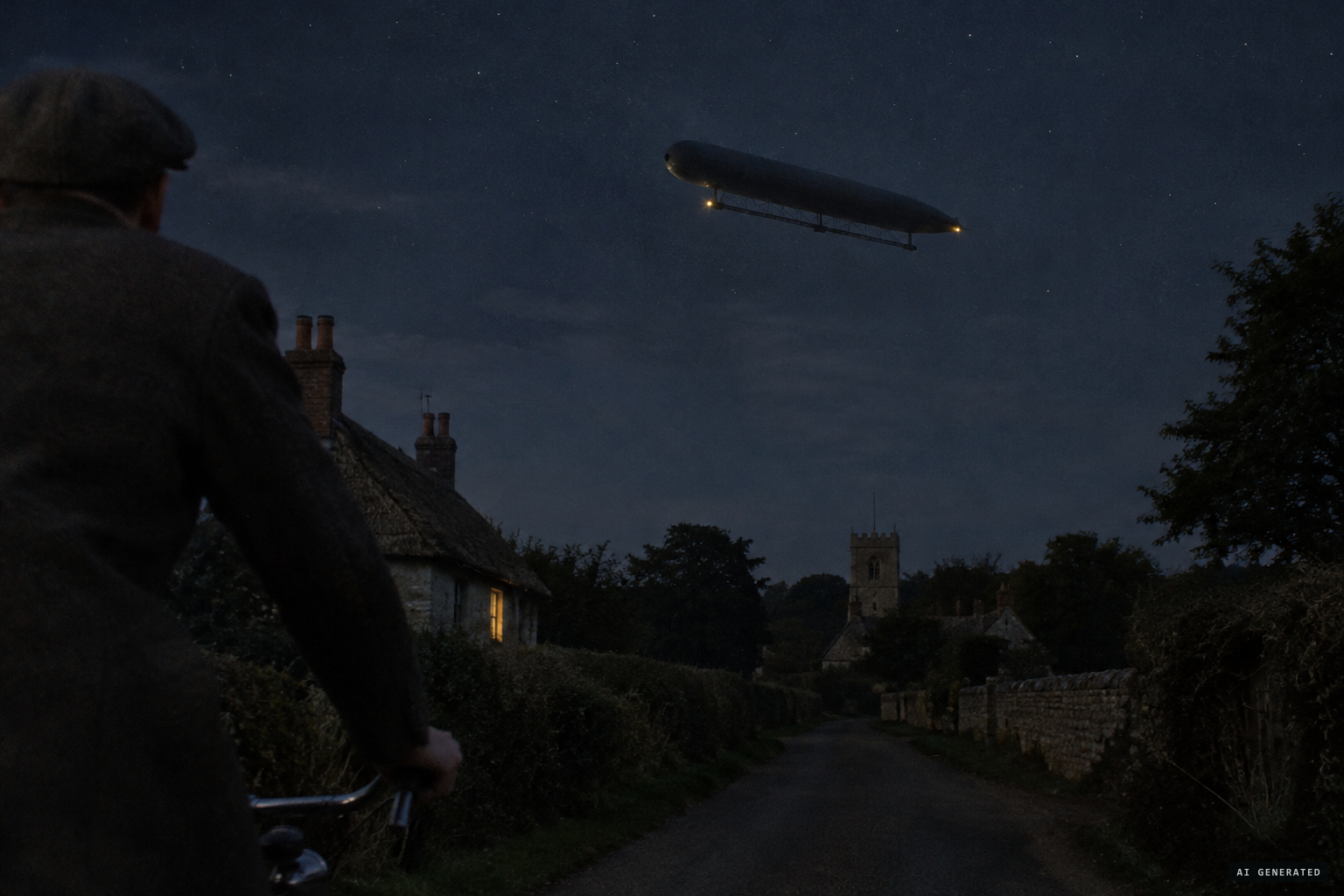 A long cigar-shaped object with a slung framework and a yellow light at each end