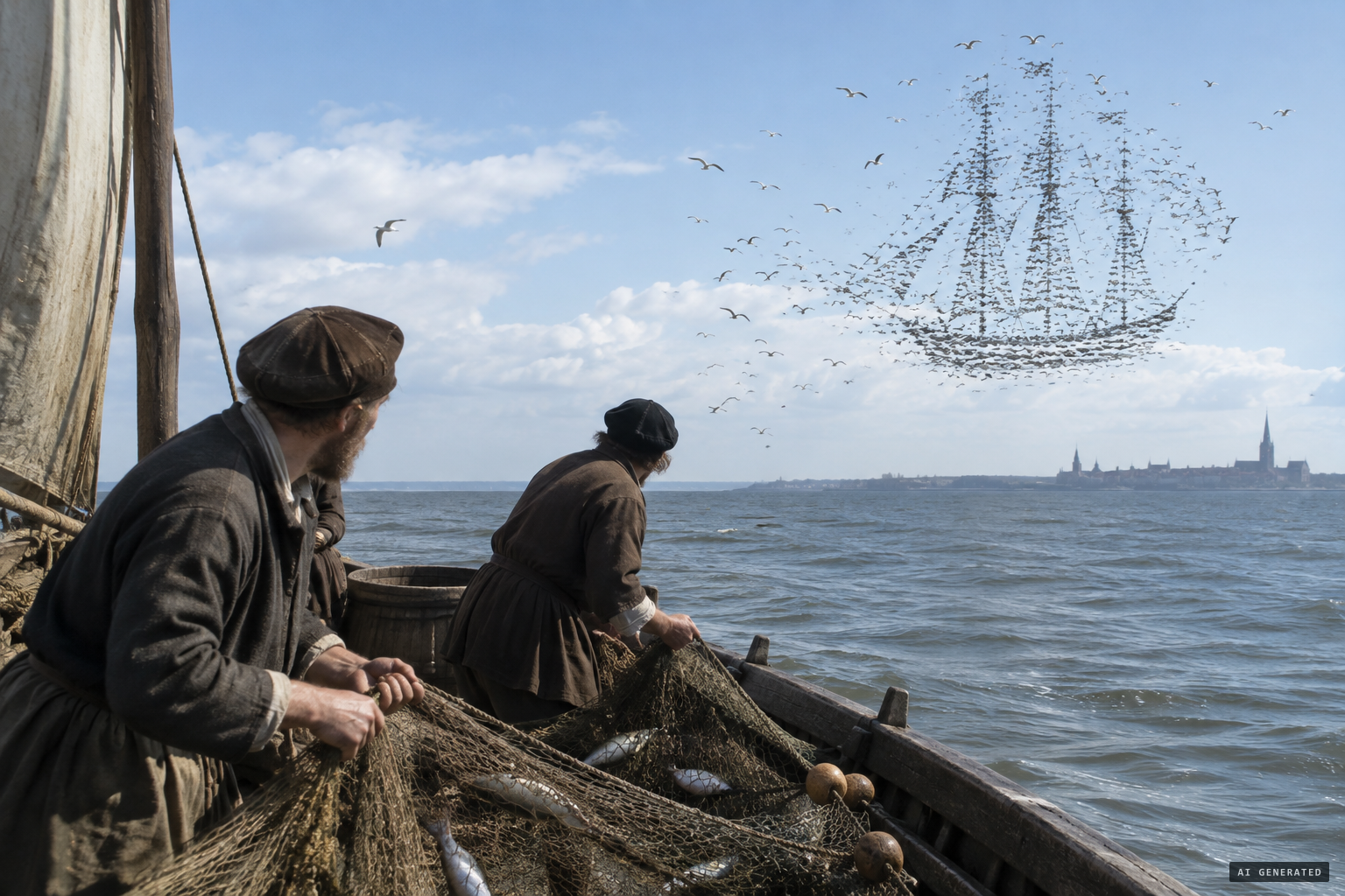 At two in the afternoon, a flock of birds takes the form of a ship