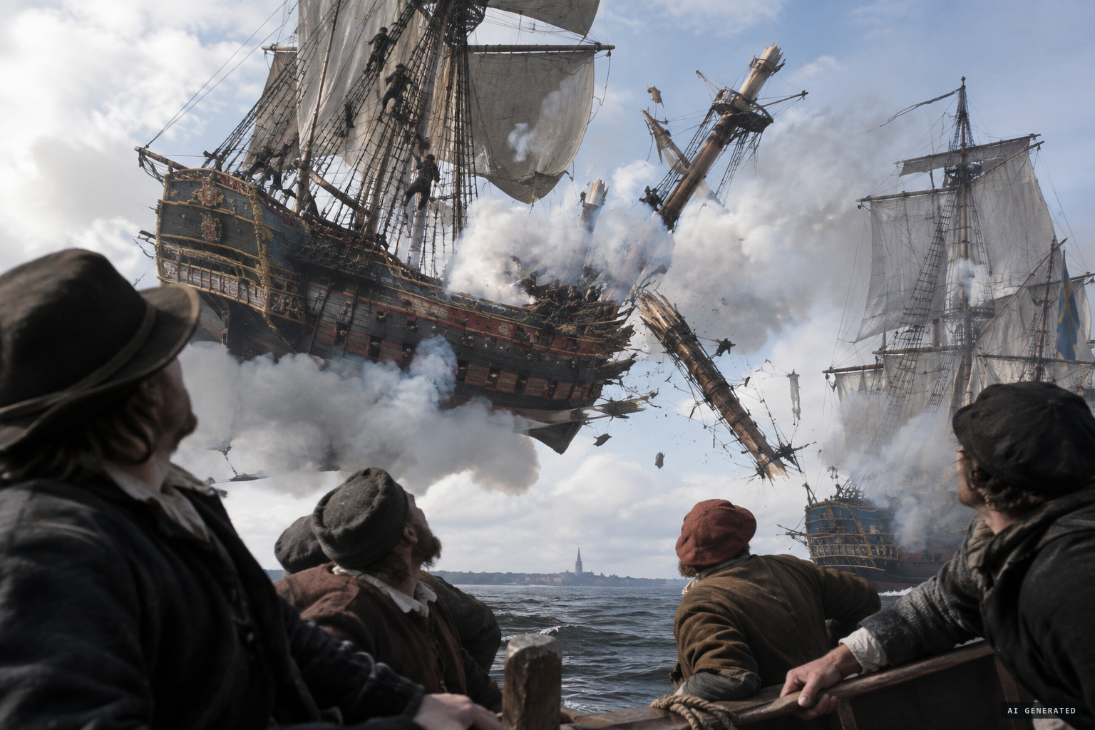 A thunderous battle: ships lose rudders, beakheads and masts, black-clothed figures climb the masts