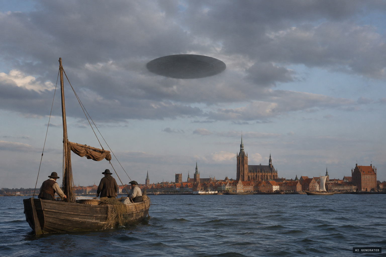 A round flat form like a plate and a big man's hat appears from the middle of the sky