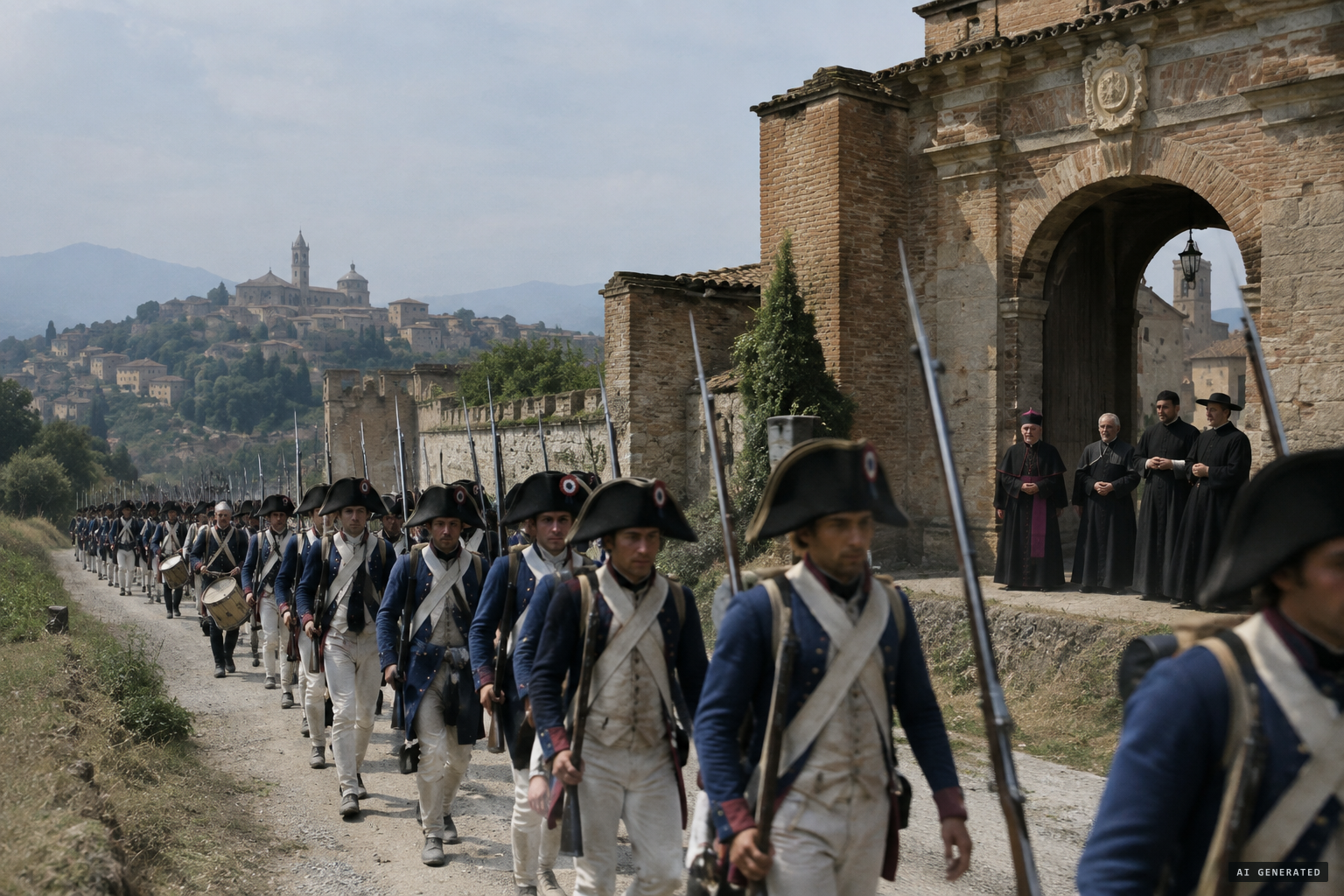 French troops move into the Papal States after the Armistice of Bologna